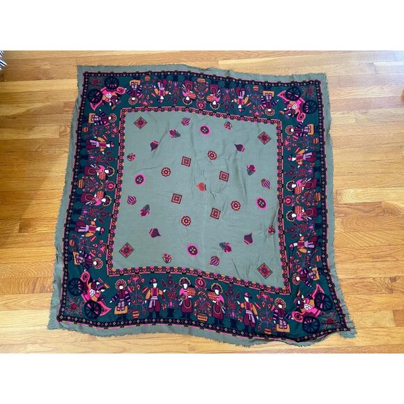 Vintage Cornelia James Rayon Scarf, Made in Italy, 44" x 42", Folk Art Print - Picture 5 of 9